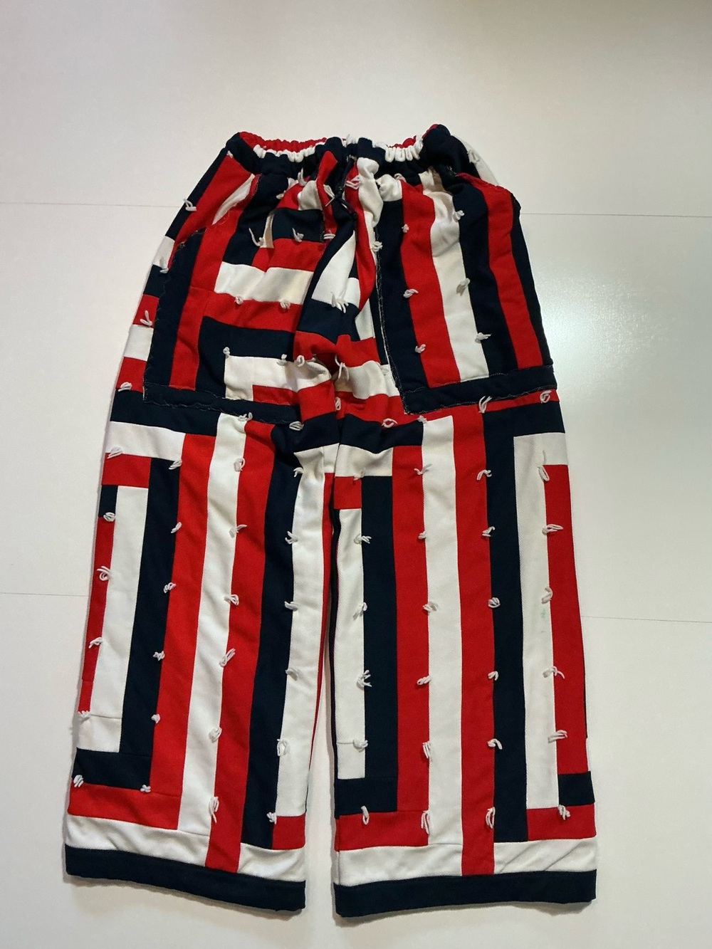 Vintage Double Knit Polyester Hand Tied Red White Blue Quilted Reworked Pants